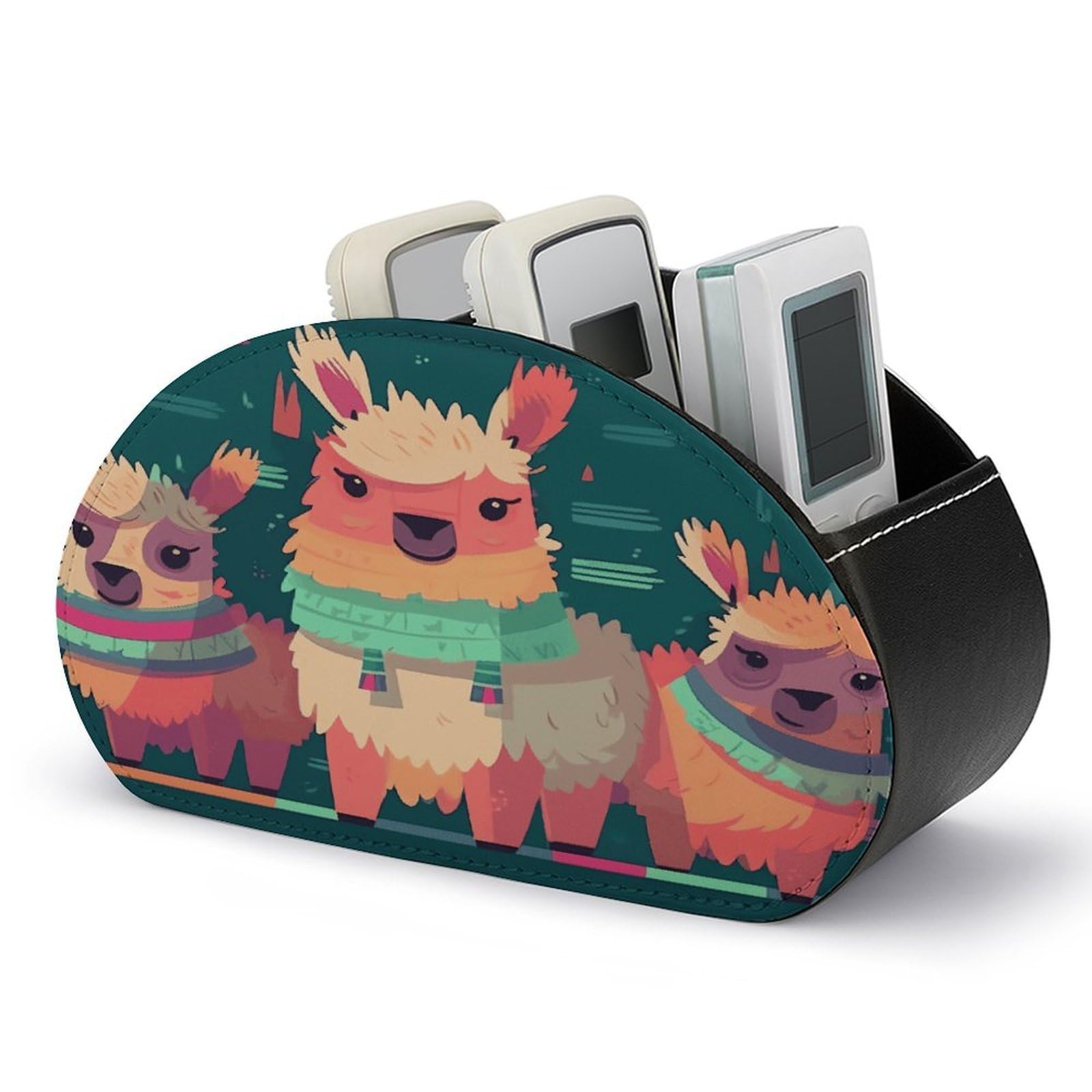 FekiLoot Cute Llama Cartoon Remote Control Holder with 5 Compartments Multi-functional TV Remote Caddy Organizer Leather TV Remote Holder Desktop Organizer Store for Bedside Table Office Desk