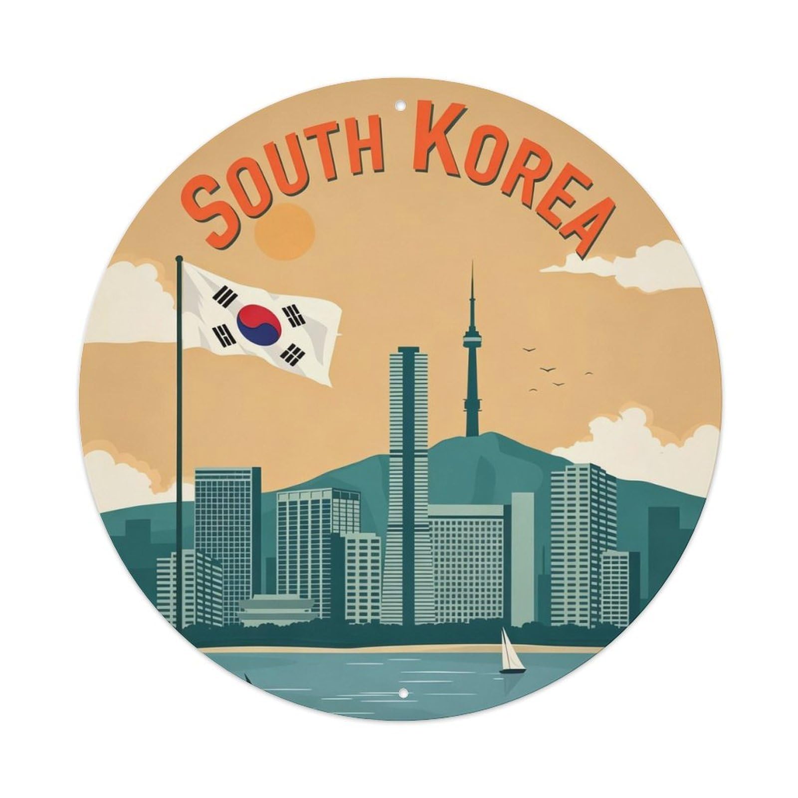 Travel South Korea Illustration Metal Tin Sign Plaque Wall Decor for Cafe, Club, Garden Round Metal Poster 8x8Inch