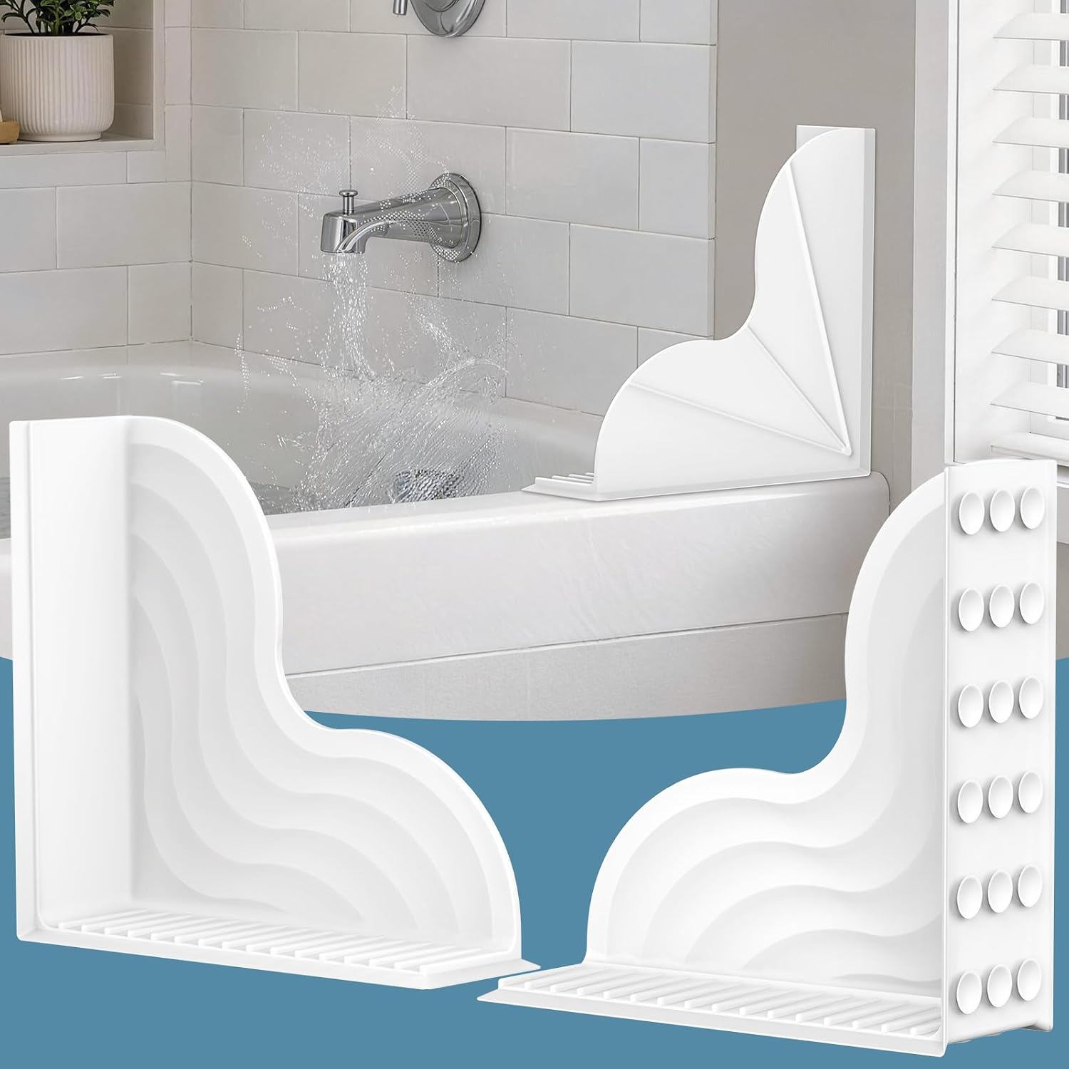 SOANNY Shower Splash Guard for Bathtub, Silicone Water Guard 2 Pack White | No-adhesive silicone shower barrier with suction cups, reusable water stopper for bathtub corners and splash protection