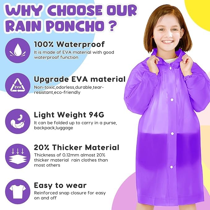 Image of BFONS 2-3 Pack Rain Ponchos for Kids, Reusable Raincoats for Boys Girls with Hood and Sleeves, Waterproof Rain Jackets