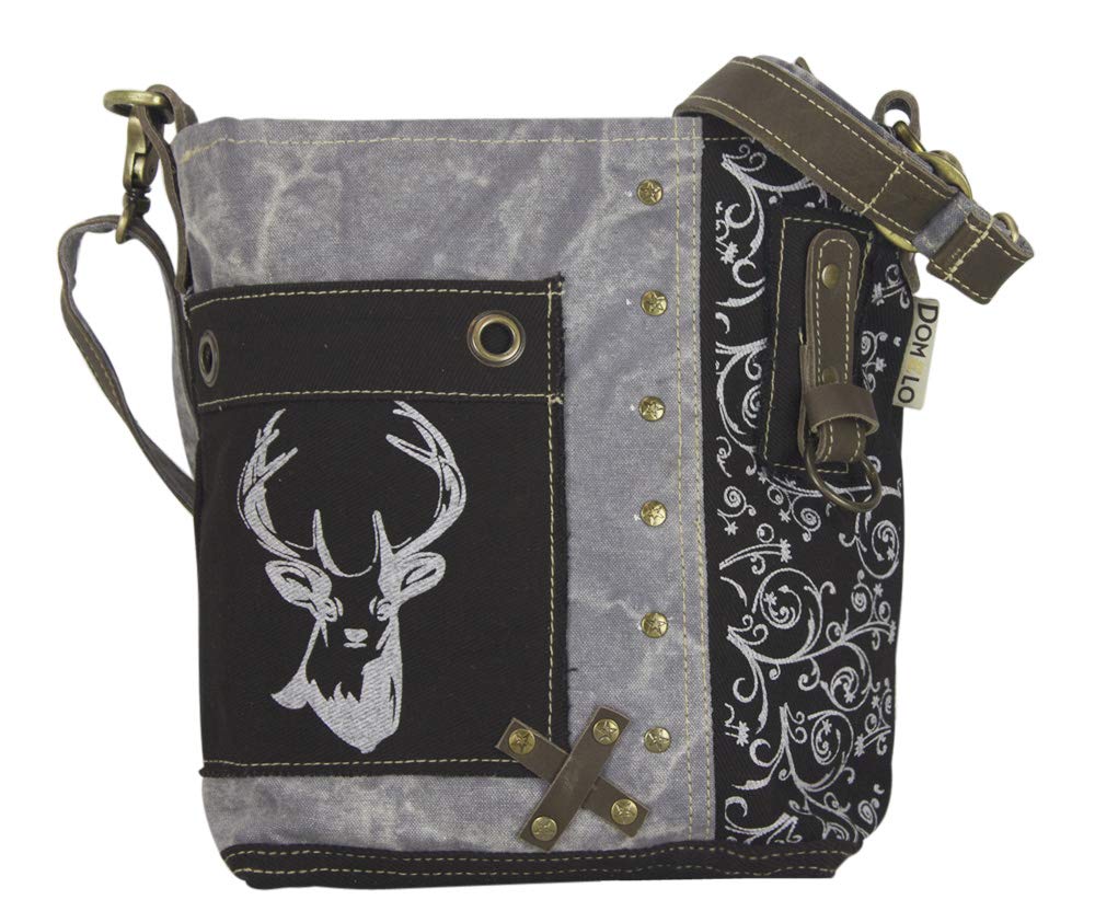 Domelo Trachtentasche. Kleine schwarze Umhängetasche. Oktoberfest Damen Crossbody Bag mit Hirsch Aufdruck. Canvas Tasche als Geschenk für Trachtenmode Liebhaber