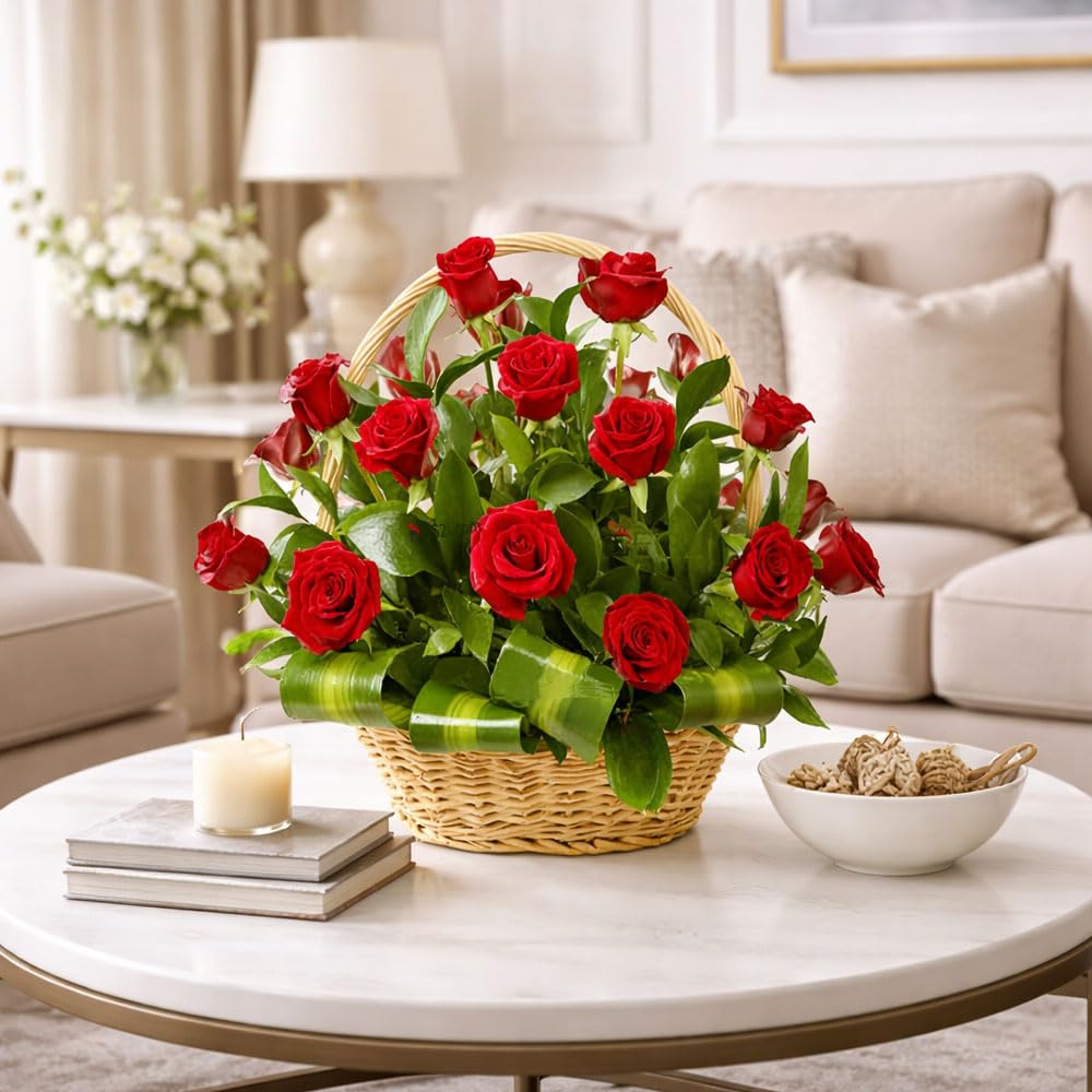 EG2i Rose Love (Red Roses Round Handle Basket) Flowers for Girlfriend, Flowers for Boyfriend, Flowers for Birthday, Flowers for Anniversary, Flowers for Valentine Gifts (Same Day Delivery)