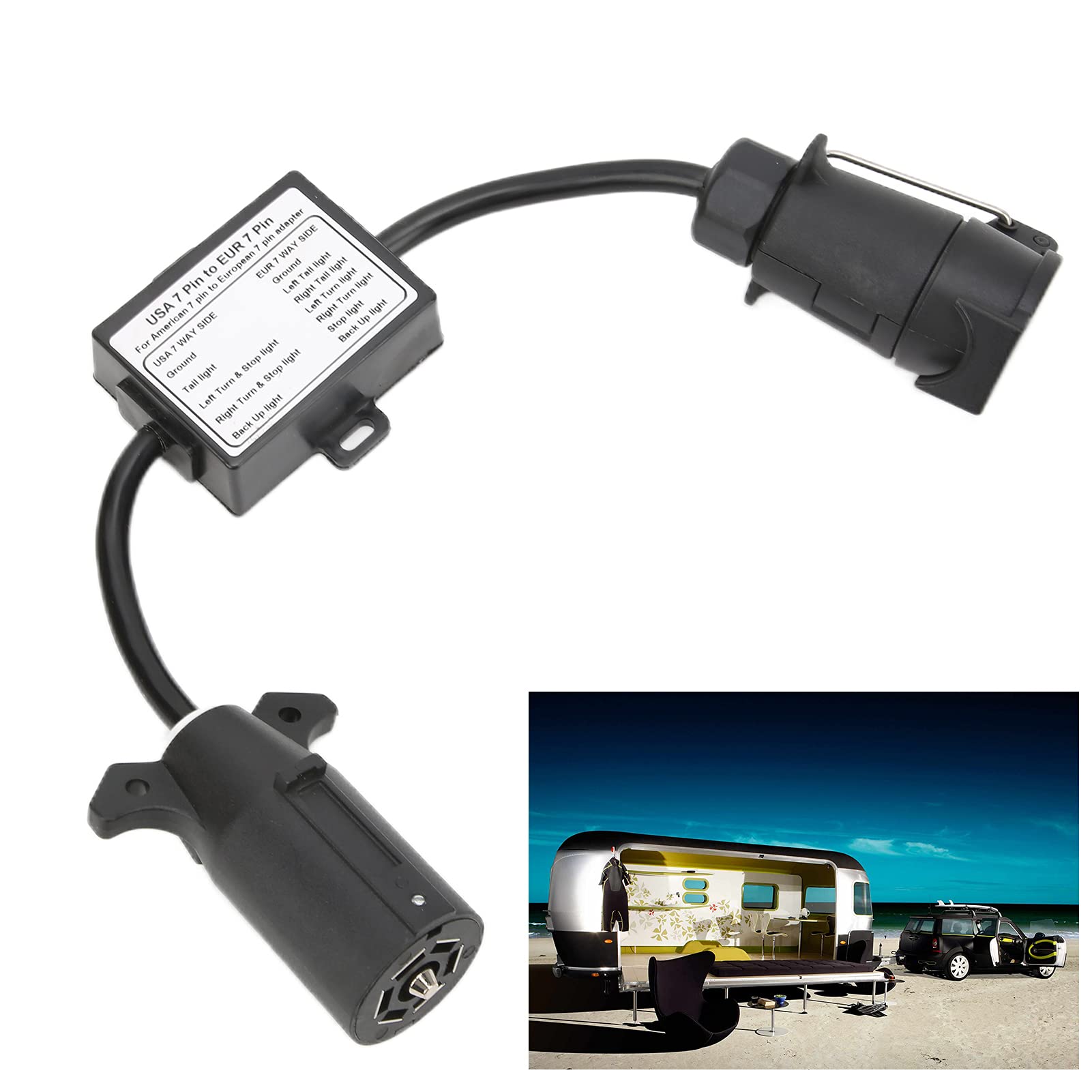 Adapter złącza przyczepy, 7-stykowe złącze płaskie na 7-stykową okrągłą wtyczkę, konwersja z USA na europejską dla przyczep kempingowych, łodzi i bagażników rowerowych