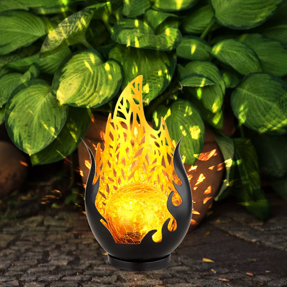 Gartendeko Solarlampen für Außen Outdoor Balkon Deko schwarz gold Flammenoptik Glaskugel, IP44 Akku Metall, 1x LED, LxBxH 16,5x12,5x26,5 cm, 2er Set