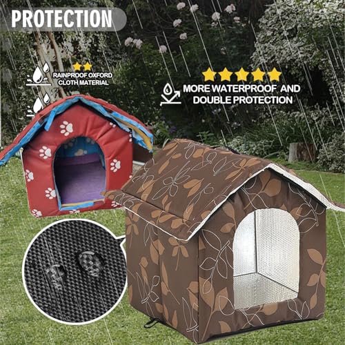 Katzenhaus Outdoor, Katzenhöhle für Draußen, Katzenhaus Für Draußen Winterfest Wasserdicht, Kombiniert isolierte Aluminiumfolie Mit abnehmbarem Transparentem Vorhang (M, Braun)