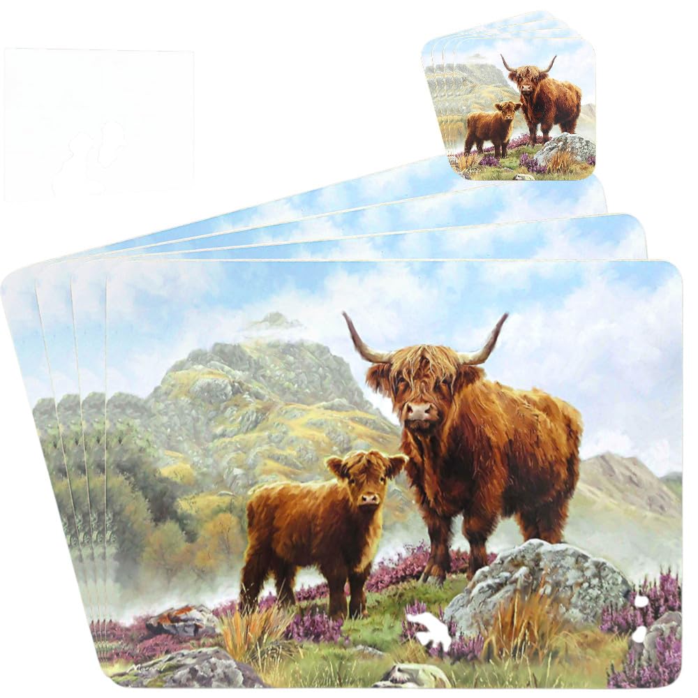 Placemats And Coasters Set of 4 Of Each With Wipe Clean Finish With Corked Back For Dinner & Dining Room Table (Highland Coo Cow & Calf) — image 1