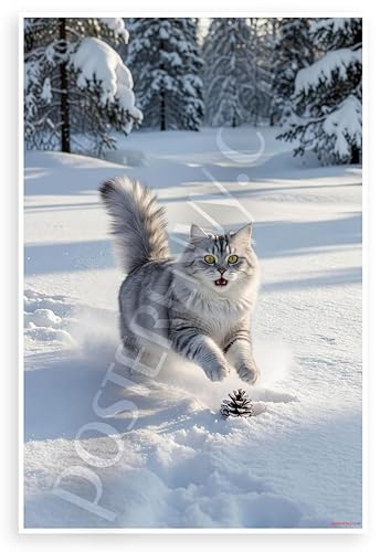 Playful Siberian Cat Leaping Snowy Forest Wildlife 12x18 US Made