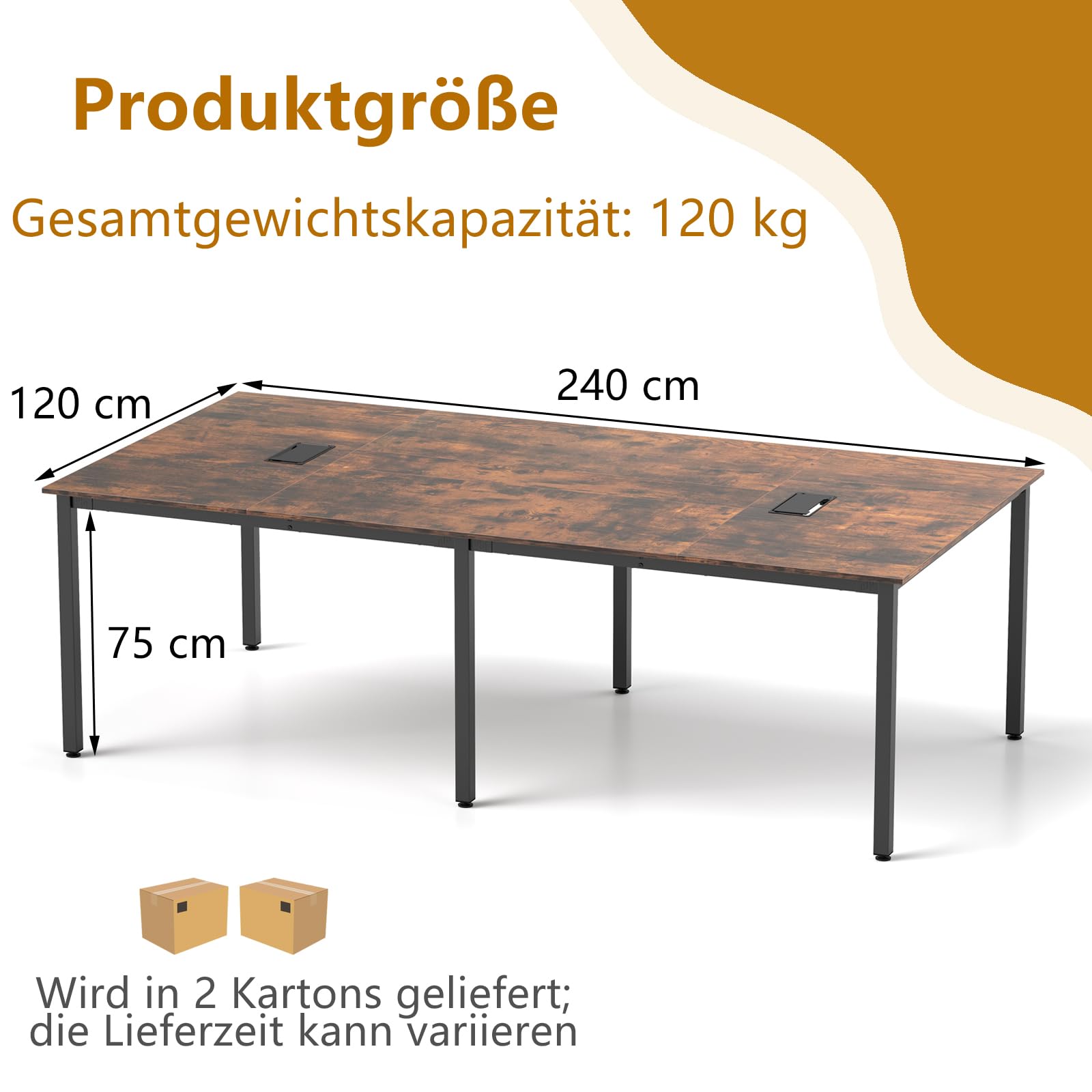 GYMAX Konferenztisch 240 x 120 cm, Bürotisch für 8-10 Personen, Langer Arbeitstisch mit robustem Metallrahmen & 2 Kabeldurchführungen, Computertisch Esstisch für Home, Konferenzraum