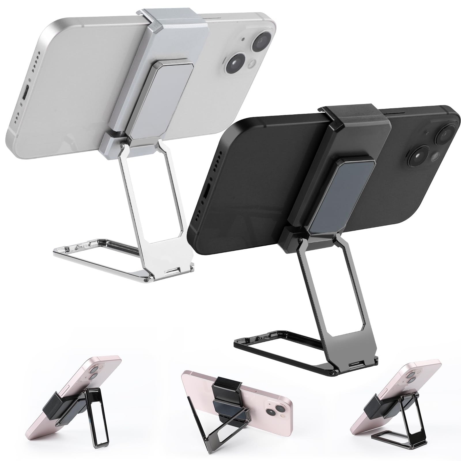 Grenben2PCS New Upgraded Back Clip Type 360 Folding Bracket, Cell Phone Stand, Fully Adjustable Foldable Desktop Phone Holder Cradle Dock, for Cell Phone Stand for All Phones (Black+Silver)