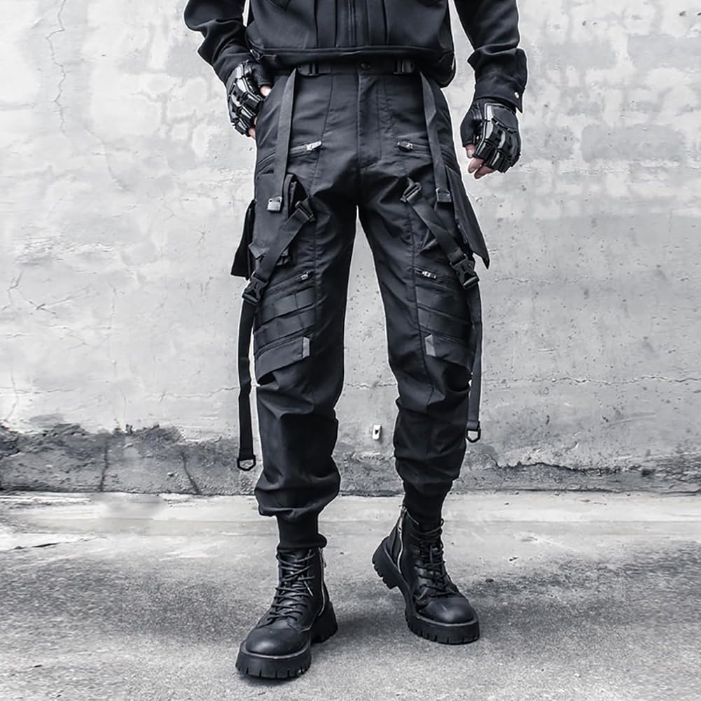 Punk-Joggerhose für Herren, mit mehreren Taschen, Streetwear, Cargohose, schwarz, taktische Techwear, Hip-Hop-Hose, Band