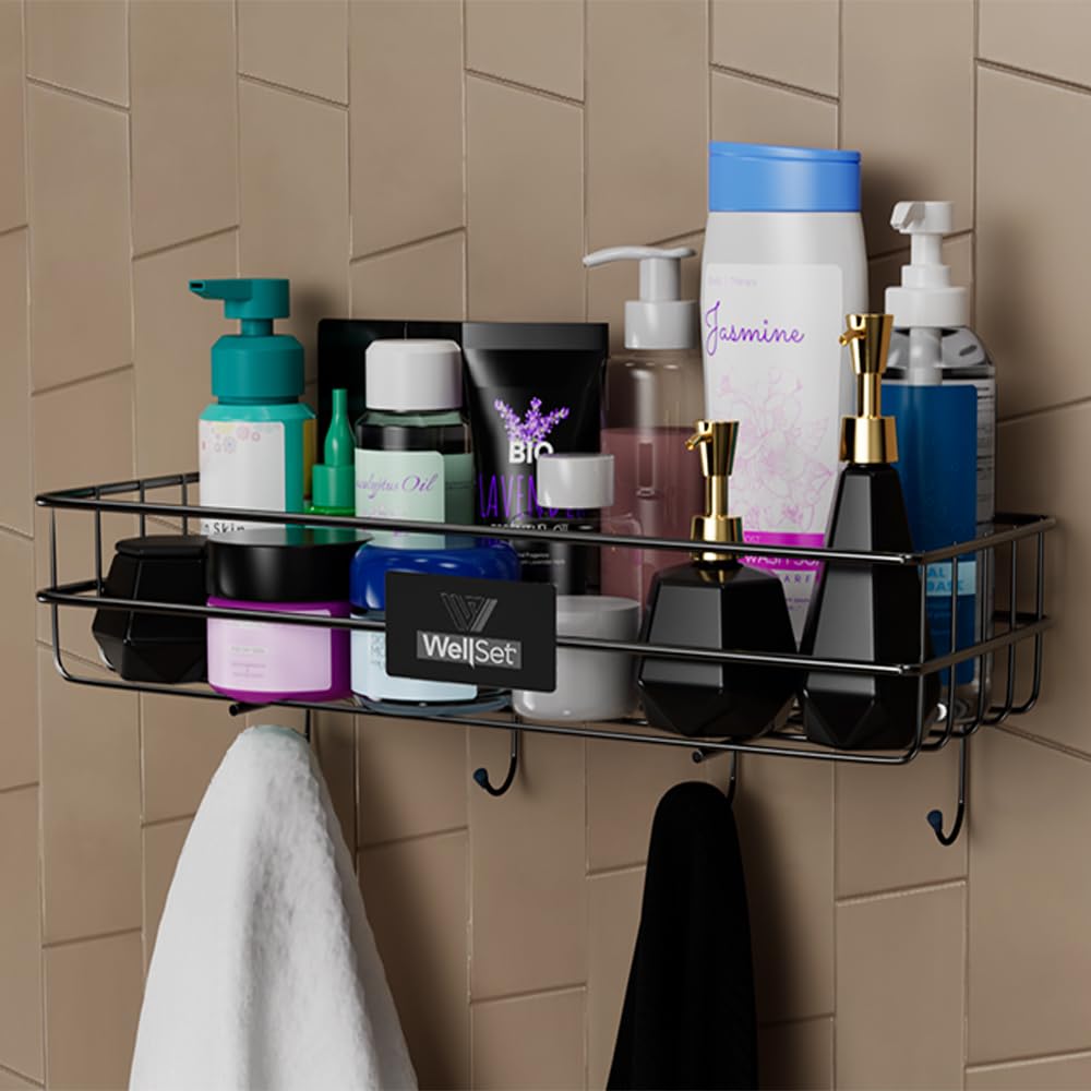 Well Set Self-Adhesive Multipurpose Bathroom Shelf with Hooks/Towel Holder/Rack/Bathroom Accessories-Wall Mount - Pack of 1 (Black,Powder Coated) (B0CMJ8GJPK) Amazon Price History, Amazon Price Tracker