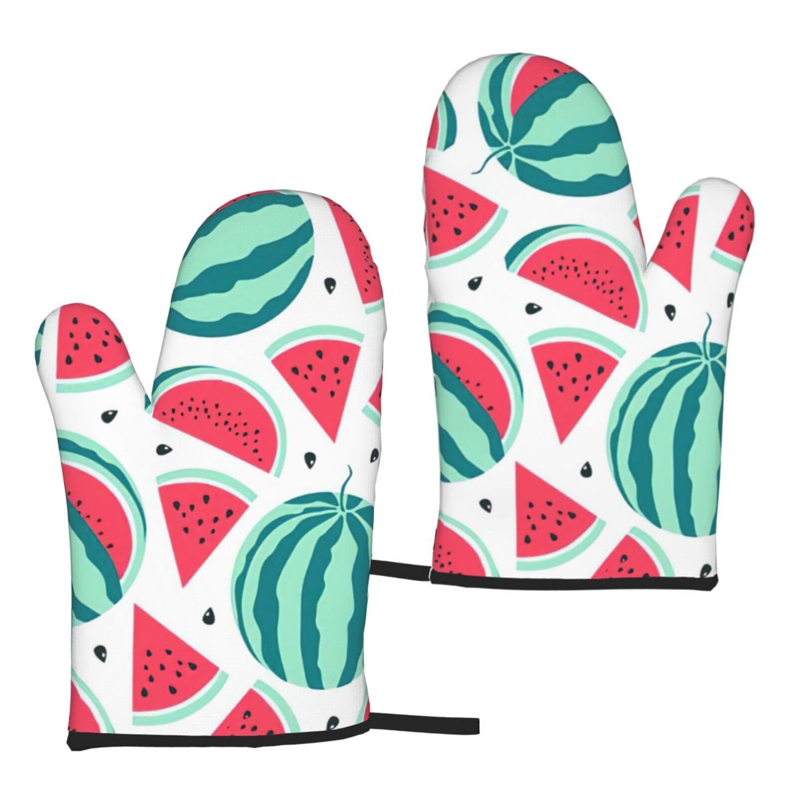 Nimongt Women's Black Fruits Watermelon Print Adults Universal Fit Heat Resistant Oven Gloves Reusable Cooking Outdoor Grilling