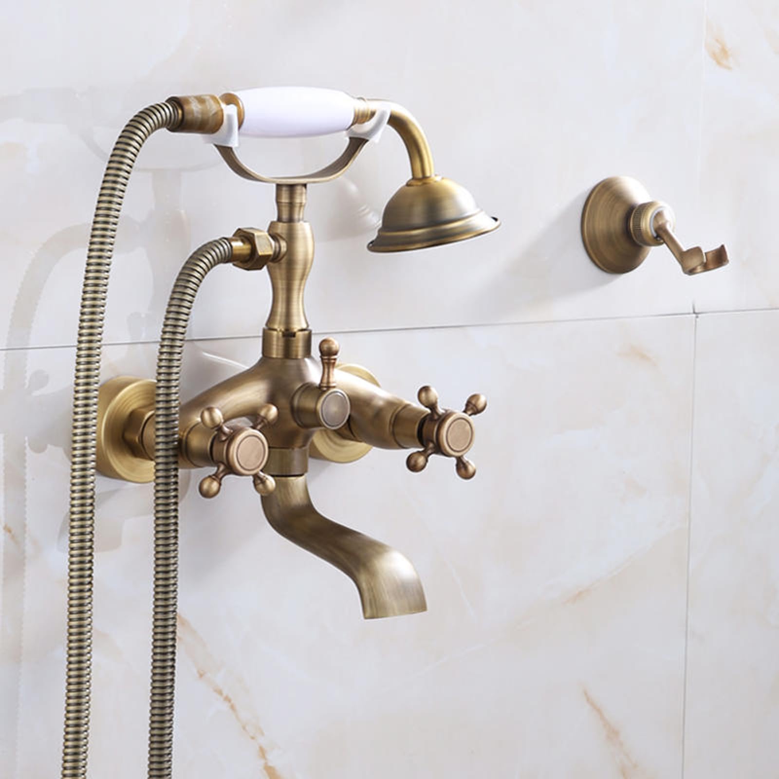 CWCQGH V-intage Shower and Tub Faucet Set Antique 2 Functions Double Cross Handle Wall Mounted Brass Bathtub Faucet with Handheld Sprayer, A,Sprinkler,A