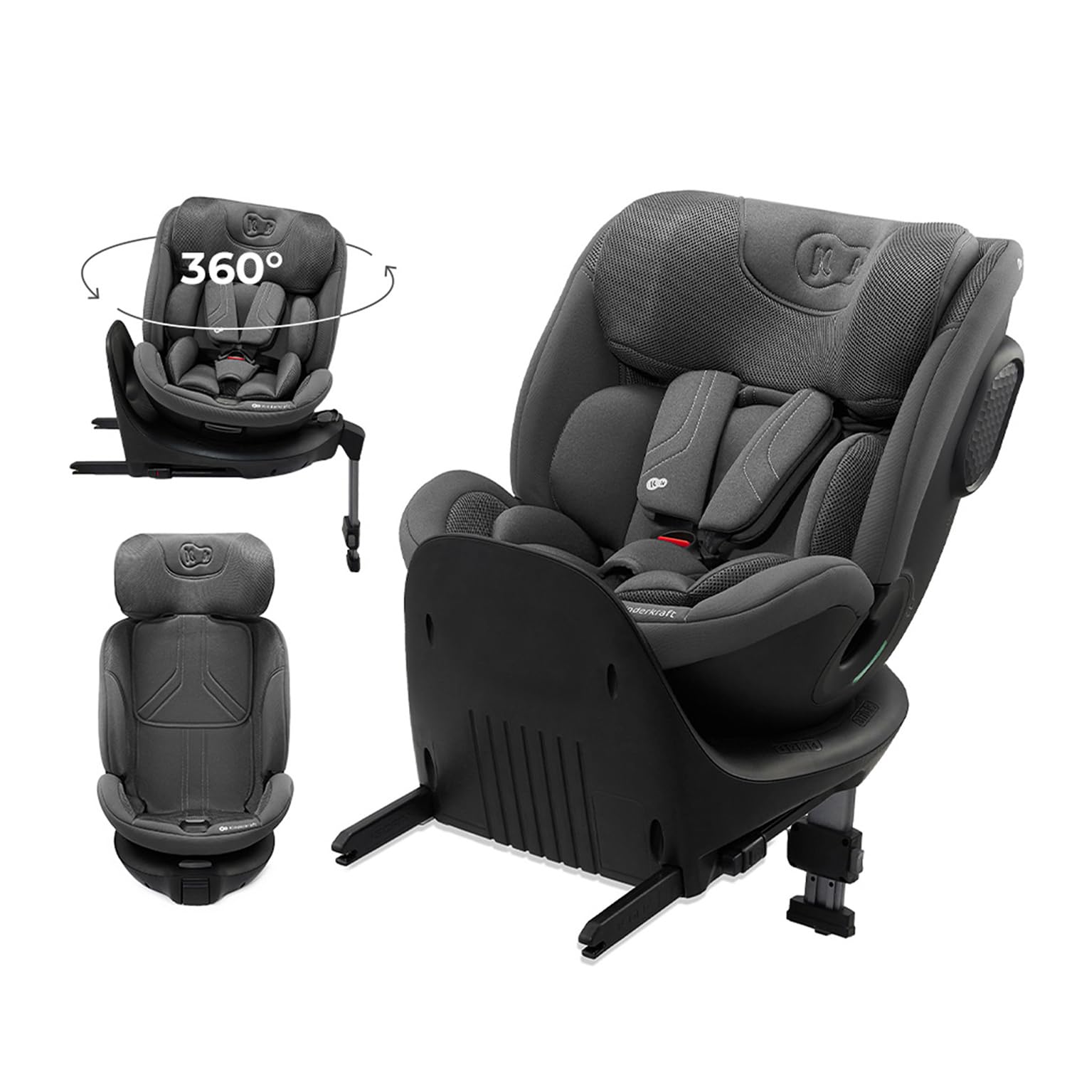 Kinderkraft XRIDER2 fotelik samochodowy 0-21 kg, rozmiar I-SIZE 40-150 cm, 360 cm, z podstawą ISOFIX, odchylany leżak, FWF, RWF, reclining, gris
