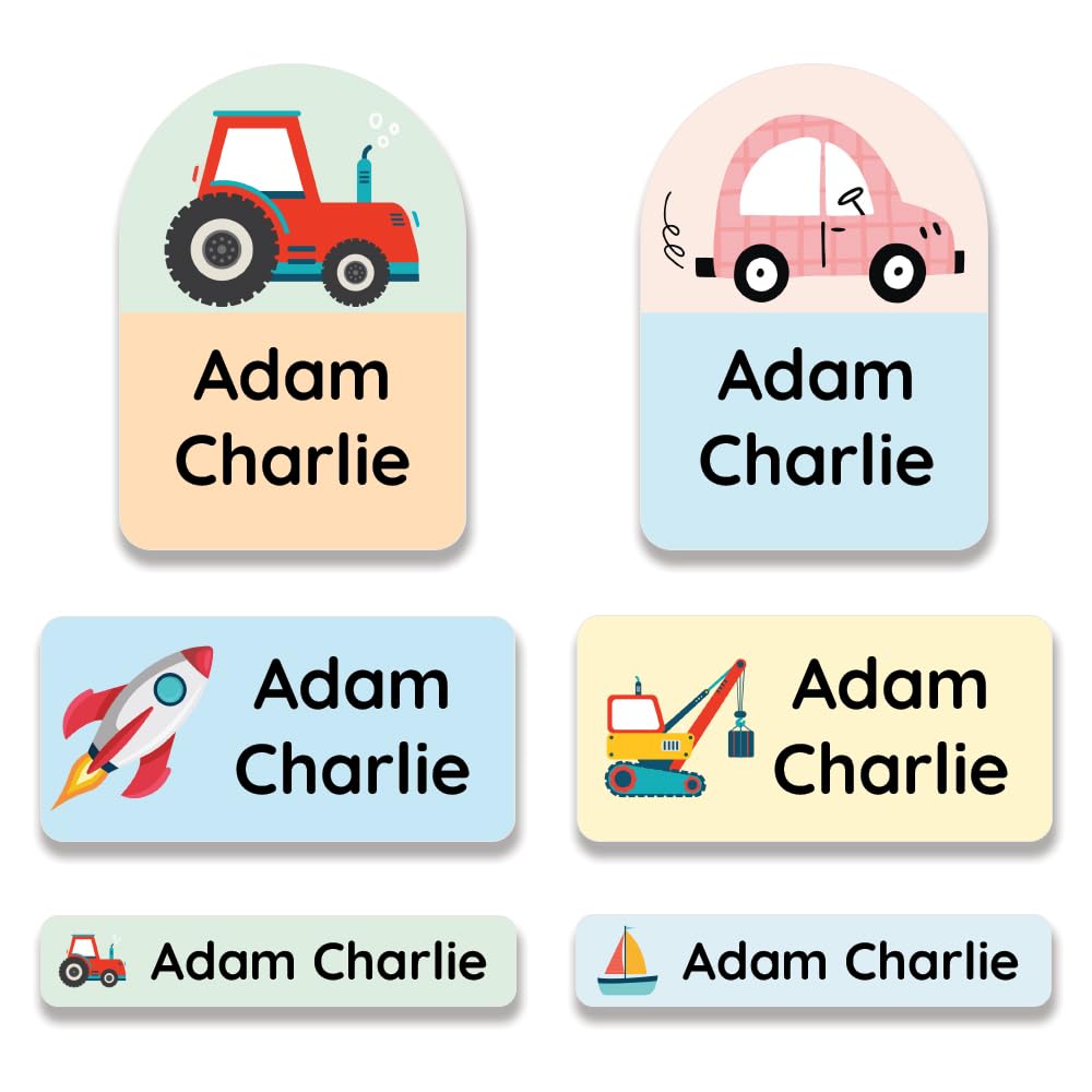 Pack of 82 Personalised Name Labels for Clothes Stick-On Personalised Clothes Labels 3 Sizes for Clothing Name Tags Kids Name Stickers Papa Prints - Vehicle