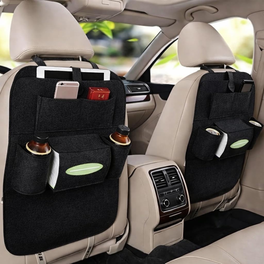 SHRIVYAA Grey Multifunctional Car Backseat Organizer, Felt Fabric, 7 Pocket Storage, Seat Back Protector with Tissue Box Holder, Water Cup Holder, Device Storage
