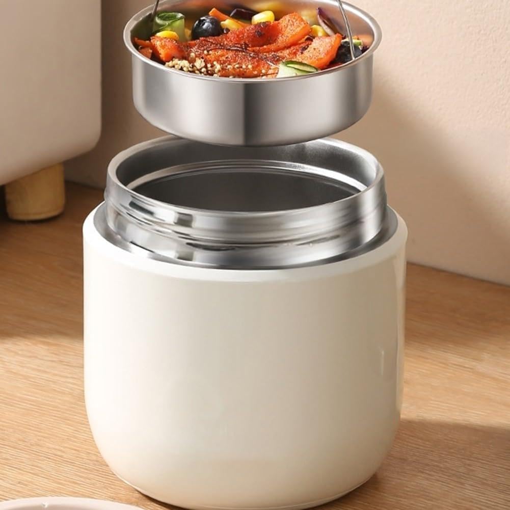 Vakuumisolierter Thermobehälter für Lebensmittel, 1500 ml, mit auslaufsicherem Schraubverschluss und Lebensmitteltrennfächern, Edelstahlschüssel mit faltbarem Löffel (B)
