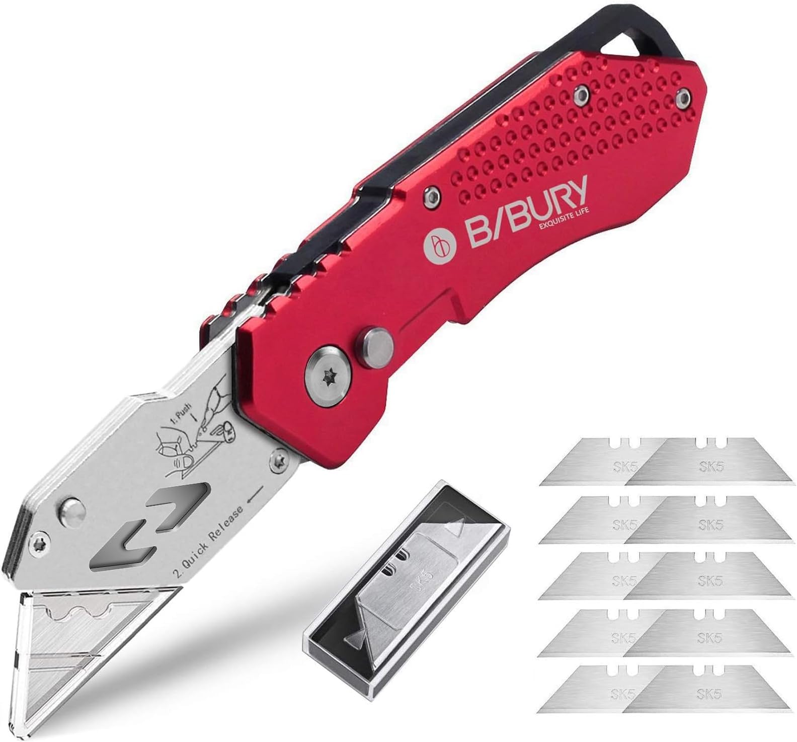 Bibury Utility Knife, Upgraded Version Heavy Duty Box Cutter, Pocket Carpet knife with 10 Replaceable SK5 Stainless Steel Blades, Belt Clip, Easy Release Button, Quick Change and Safety Lock-Red