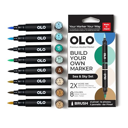 OLO Sea & Sky set, 8pc Brush Tip Alcohol Markers. Customizable with Innovative Ink Flow. Professional Dual Tip Art Markers for Illustration, Sketching, Drawing, Manga, Paper Craft, Cardmaking