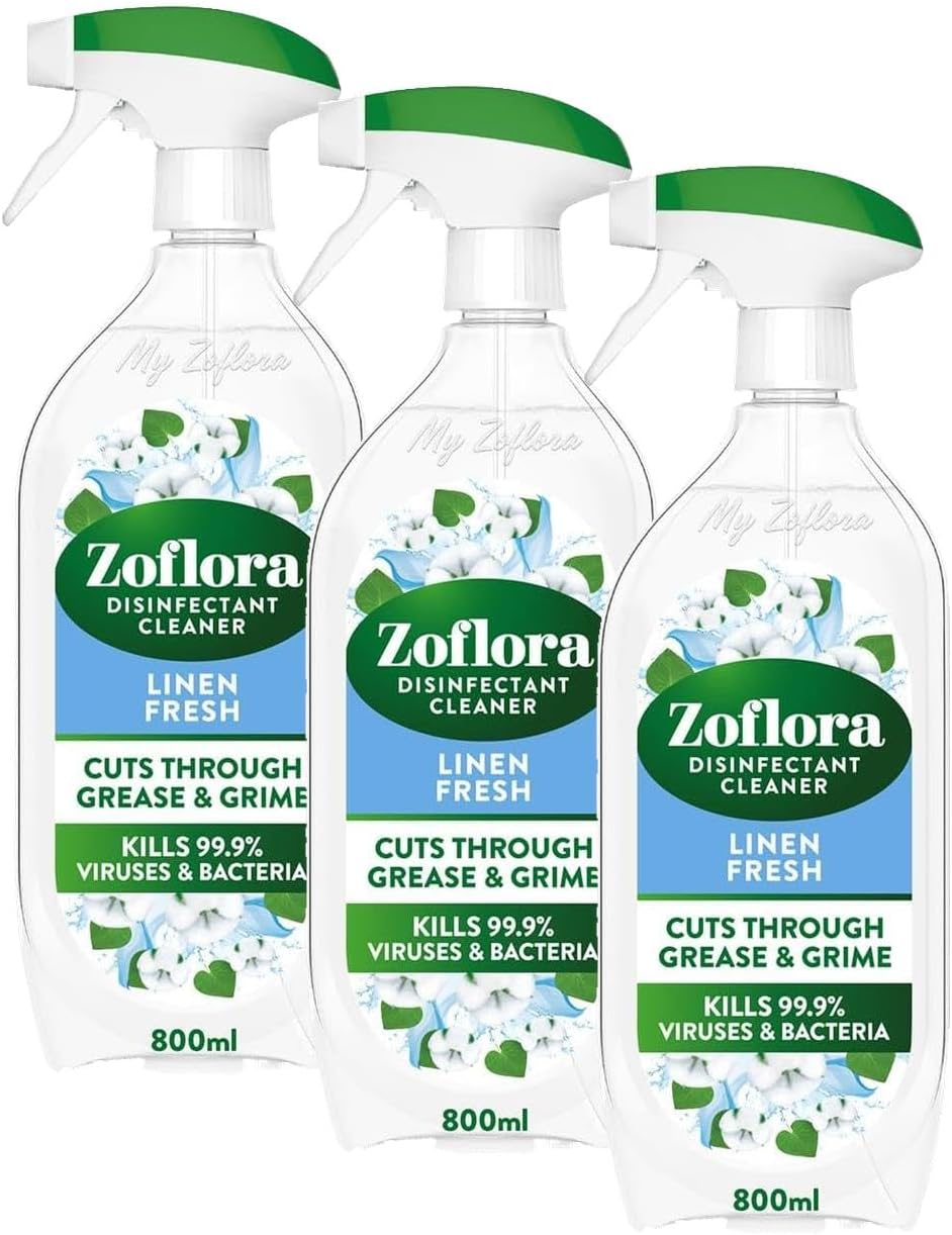 Zoflora Linen Fresh Multipurpose Disinfectant Spray, Antibacterial Multi-surface Cleaner, Pet-Friendly, Kills 99,9% of Bacteria & Viruses, 1 x 800ml (Pack of 3)