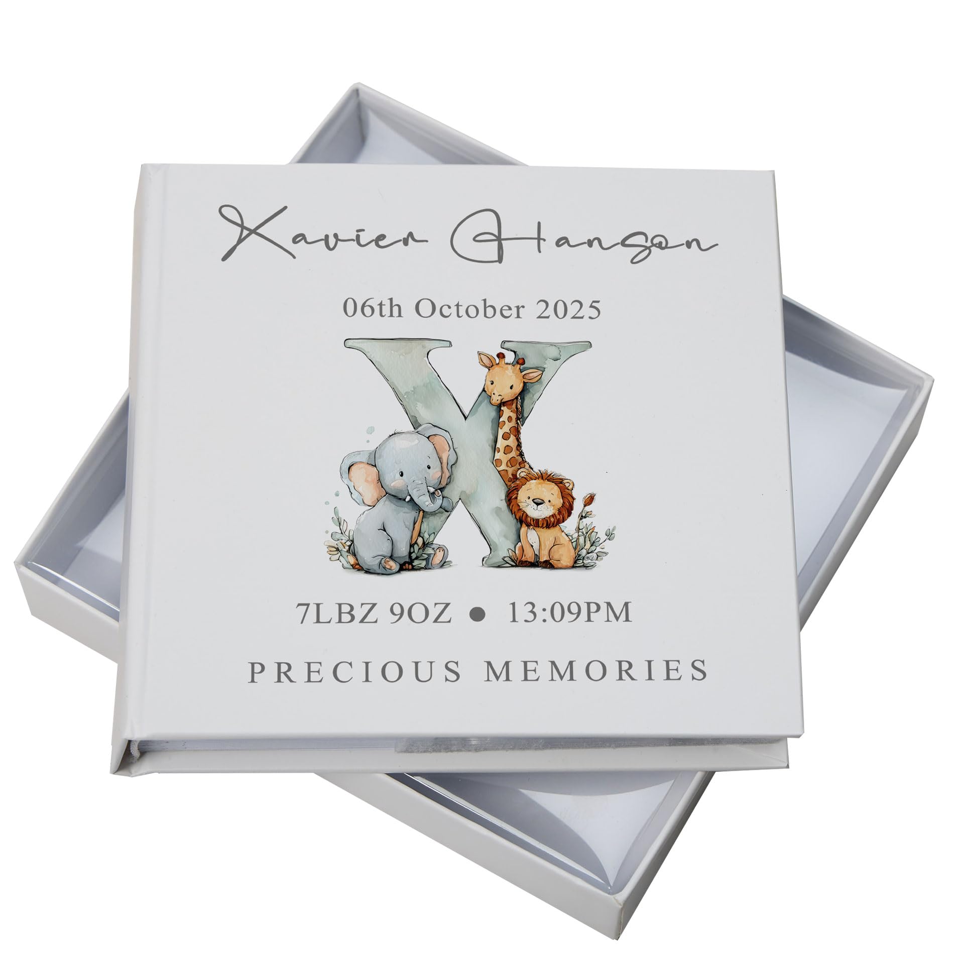 Personalised Baby Photo Album, Safari Animals Alphabet Theme, Birth Details Memory Keepsake, 50 6x4 Photos Capacity with Protective Box