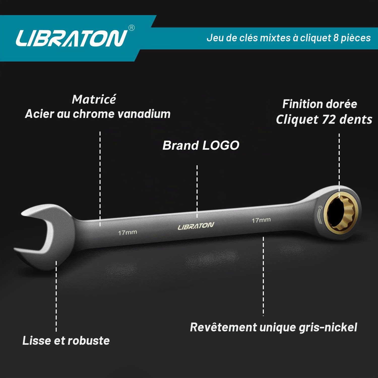LIBRATON Lot de 8 clés à cliquet mixtes système métrique 8-19 mm | avec Cr-V construit avec placage de nickel et pochette de rangement en cuir