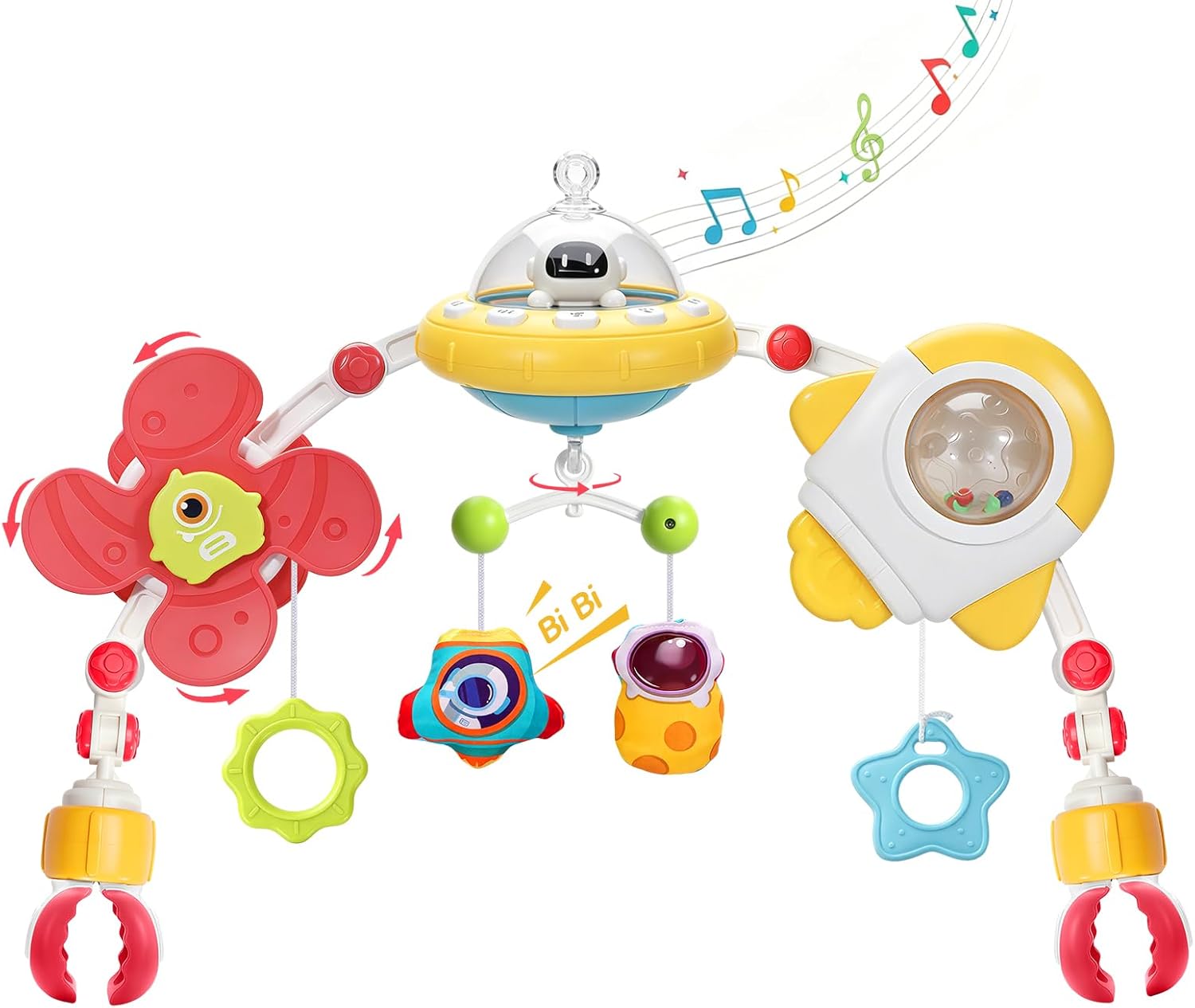GONINO Baby Stroller Arch Toy, Musical Car Seat Toys for Babies 0-6 Months Girl, Adjustable Crib Mobile with Hanging Toys for Bassinet & Bouncer, Space Newborn Toy with Lights, Baby Girl Gifts