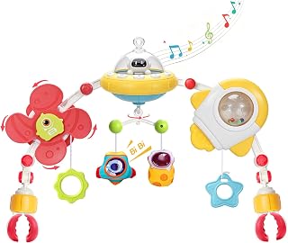 GONINO Baby Stroller Arch Toy, Musical Car Seat Toys for Babies 0-6 Months Girl, Adjustable Crib Mobile with Hanging Toys for Bassinet & Bouncer, Space Newborn Toy with Lights, Baby Girl Gifts