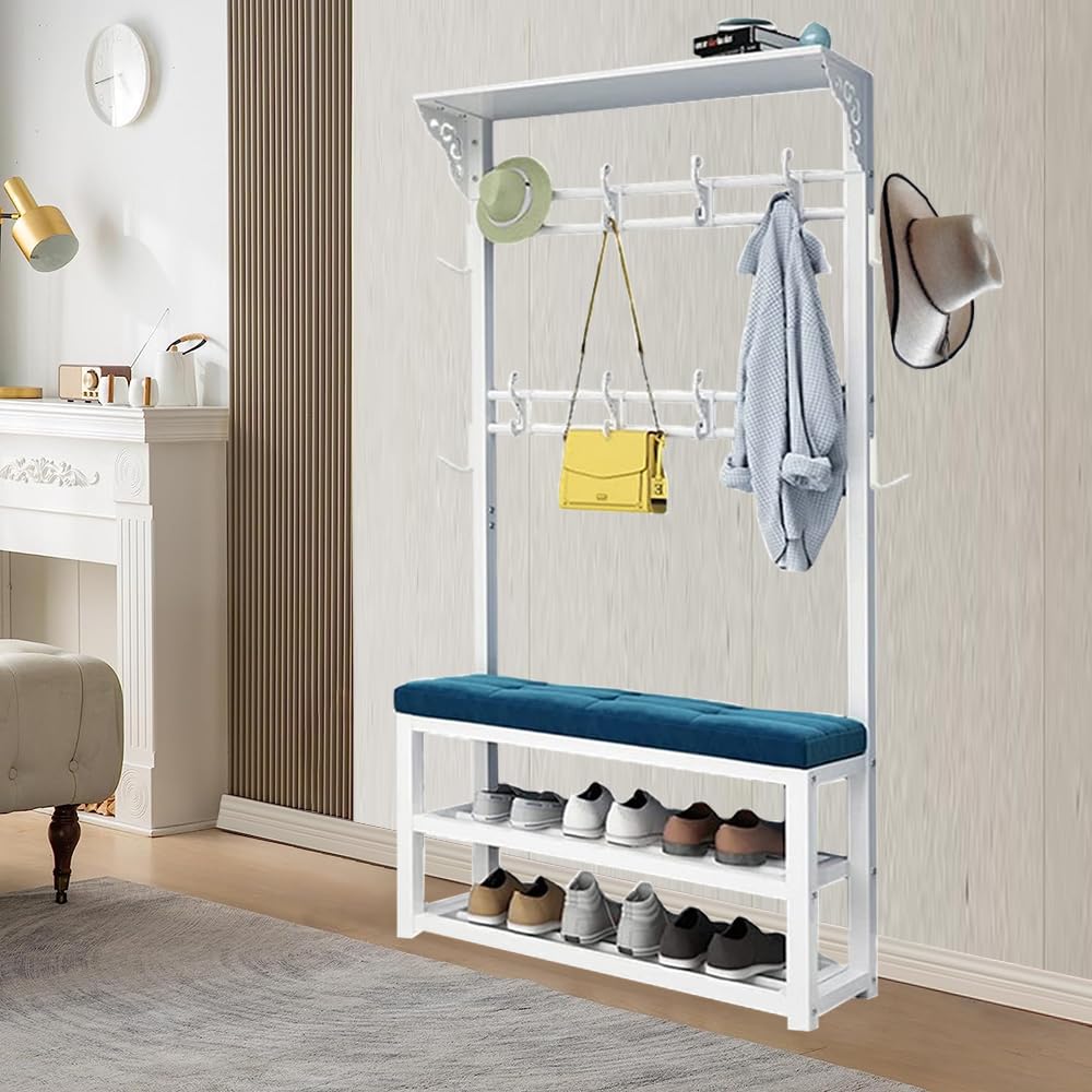 MSHGSKU Coat Rack with Shoe Bench and Hooks - Free Standing Hall Tree with Shoe Storage Bench, Max Load - Entryway, Hallway, Living Room, Bedroom Organizing Solution