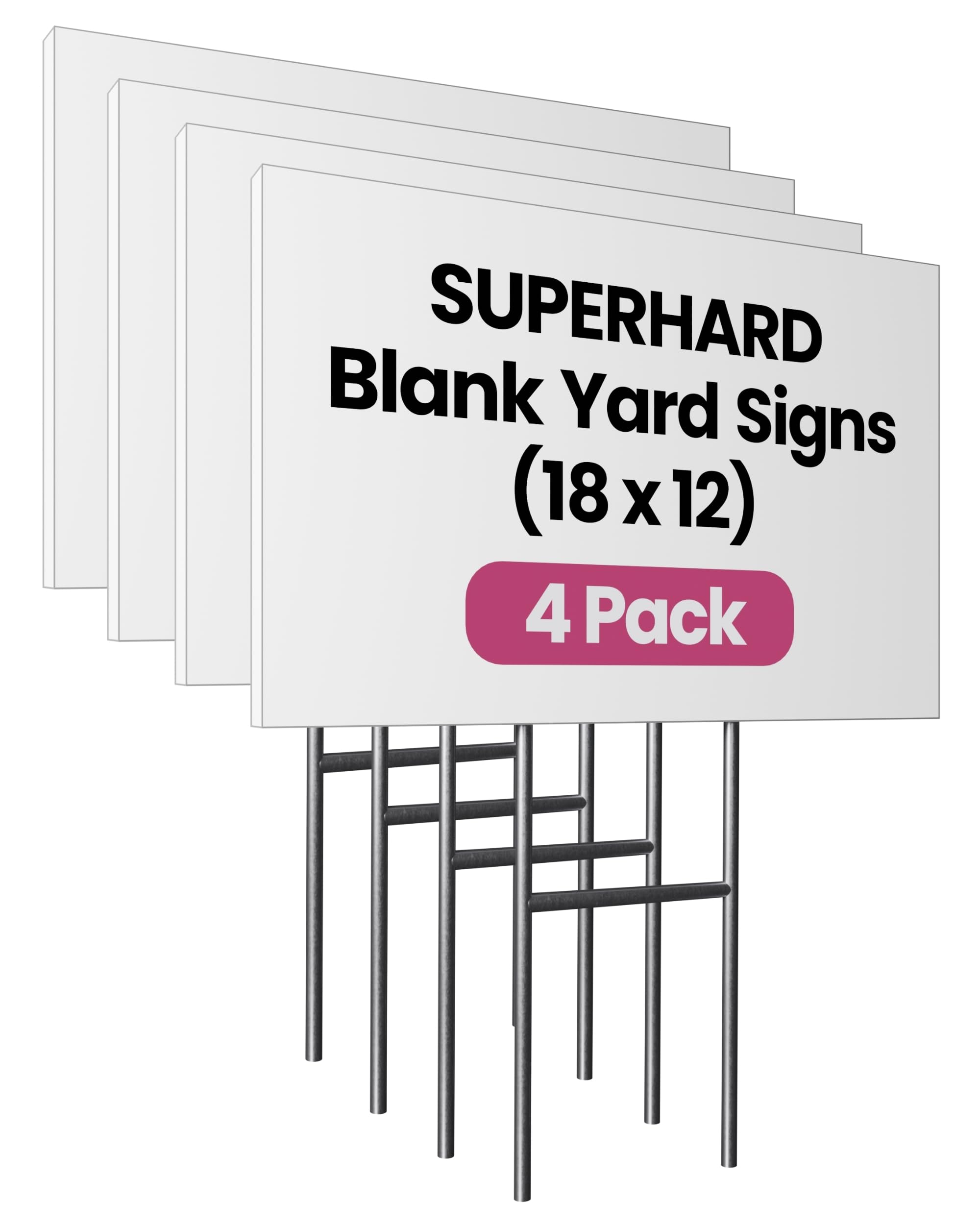 PartyPrints 4 Pack 18 x 12 White Blank Yard Signs with Metal Stakes, Waterproof Corrugated Plastic Signs for Rent, Sale, Party, Birthdays, DIY, Event, Advertising, Garden, Blank Lawn Signs for Outside