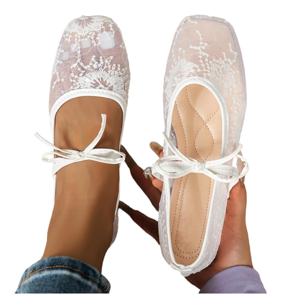 Women Sheer Lace Flats Bow Knot Strap Square Toe Mesh Ballerina Shoes Memory Foam Soft Comfy Vintage Embroidery Flats — view 7