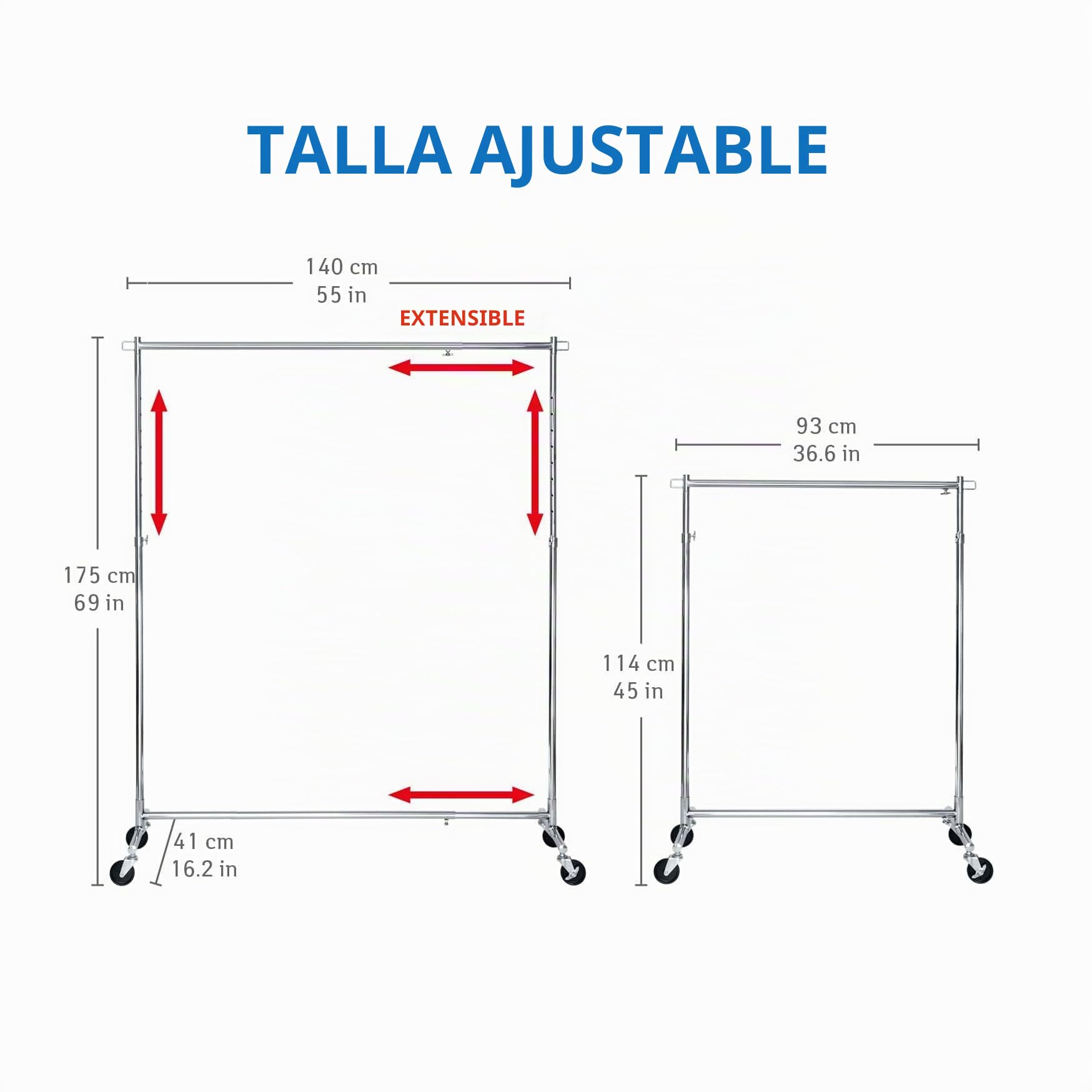 Tatkraft Urban Perchero de Ropa Ajustable de Alta Resistencia con Ruedas de Bloqueo de Grado Industrial, Diseño de Ahorro de Espacio, Extensible de 36.6 a 55 Pulgadas, Capacidad de 60 kg