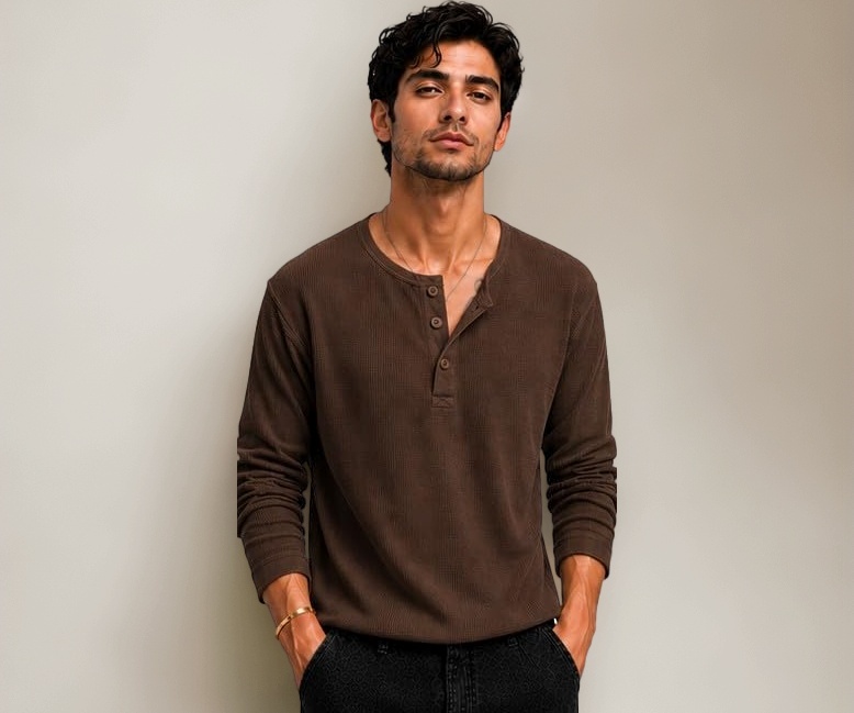 QUTUN Men's Premium Waffle Knit Henley Tshirt - Image 1