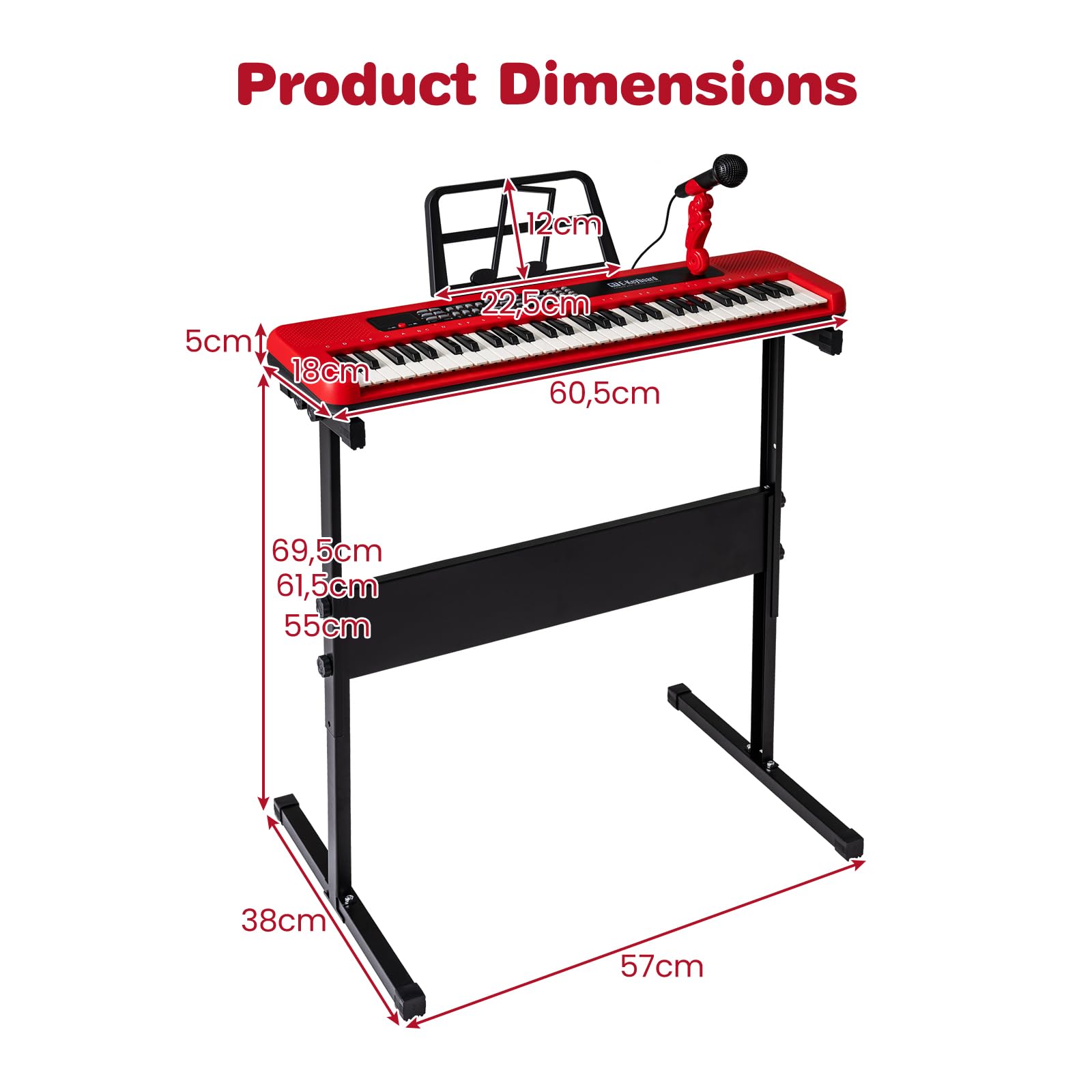 KOMFOTTEU Tastiera Elettronica per Bambini di 3 Anni+, con Microfono e Leggio, Pianoforte Digitale a 61 Tasti con Supporto Regolabile, Pianoforte Elettronico, 200 Tonalità & Ritmi, 20 Demo (Rosso)