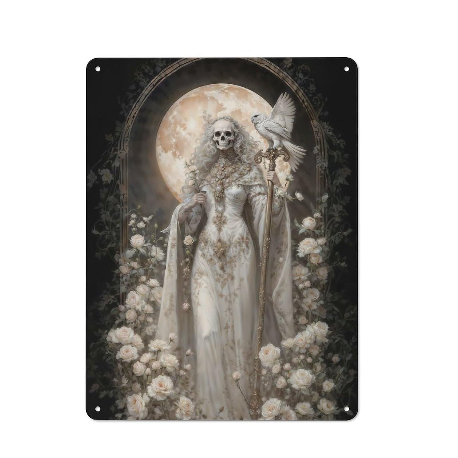 Junmoney White Santa Muerte With Owl And Roses Vintage Tin Sign 40X30cm With For Workshop Wall, For Makers And Diy Enthusiasts, For Retro Home Interiors