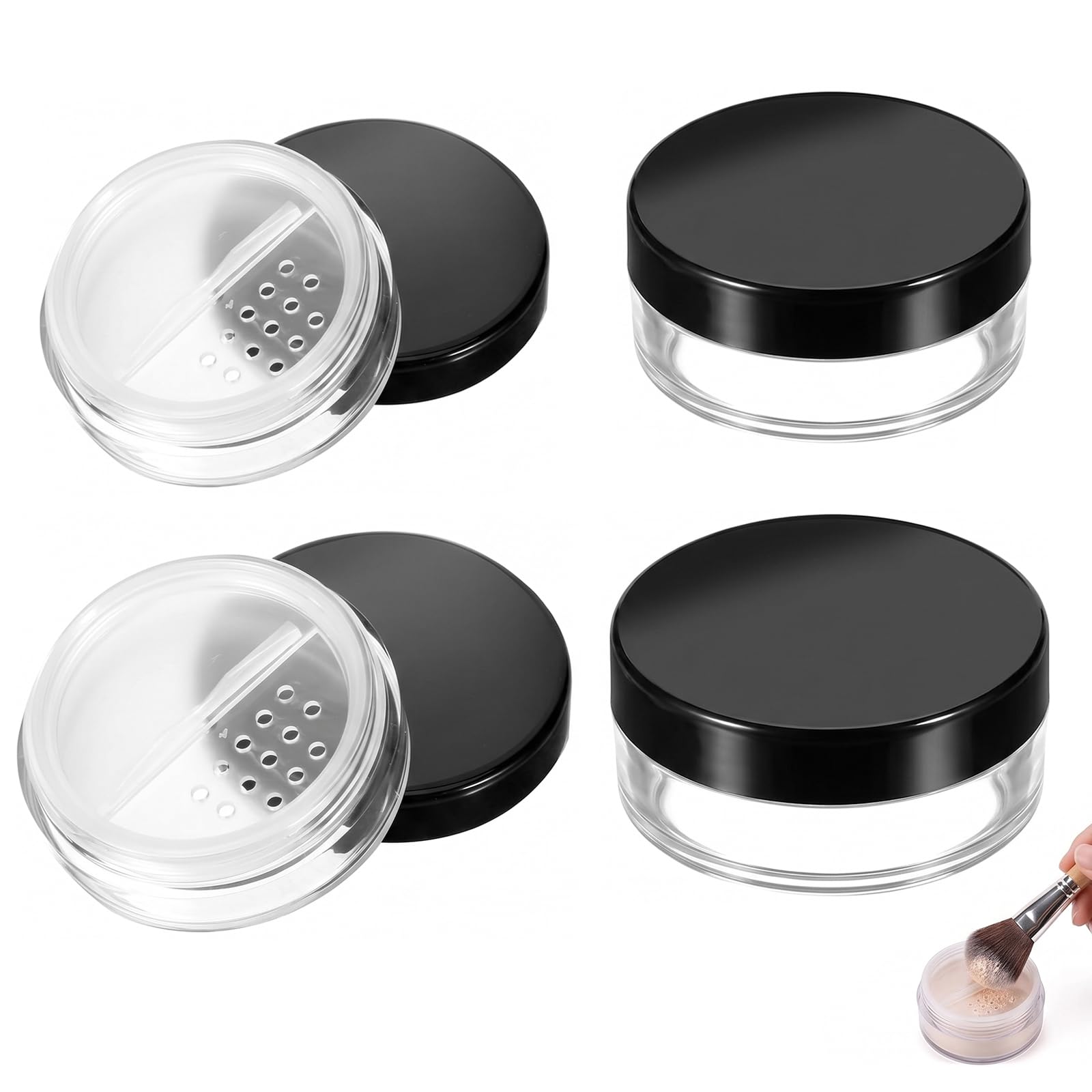 Lot de 4 Boîtes à Poudre Portables Vides – Réutilisables – 10g*2+20g*2– Transparentes avec Couvercle Noir – Tamis Amovible Intégré – Pour Femmes et Filles – Cosmétiques Voyage