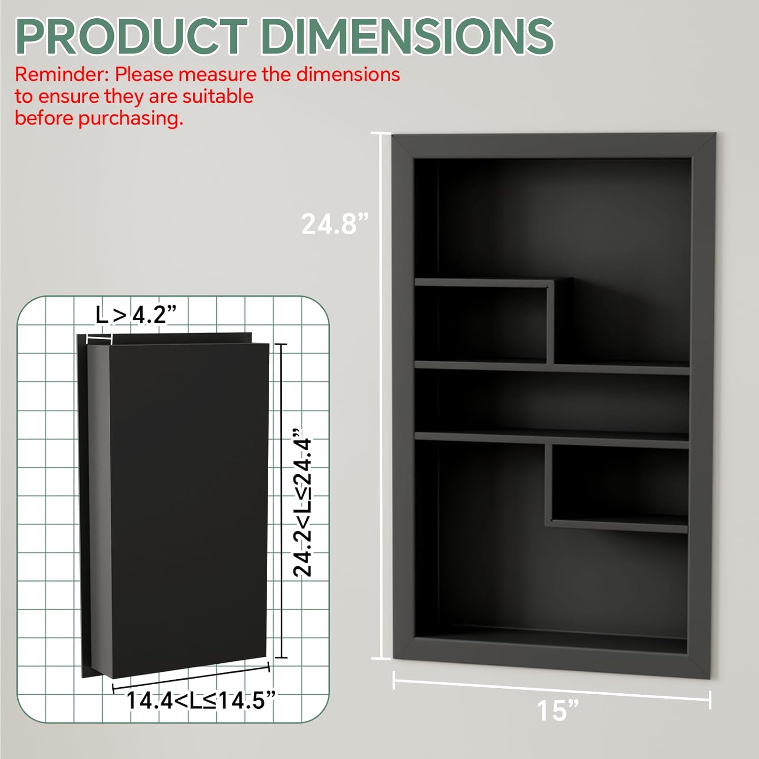 stainless steel recessed medicine cabinet 14 * 24, rust-proof metal wall niche, in wall shower niche shelf insert replacement, recessed medicine cabinets for drywall, with 5 compartments, black black 24''h * 14''w (5 compartments)