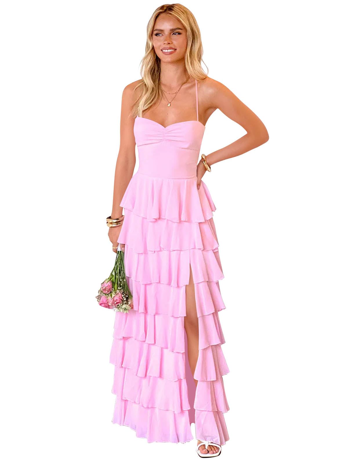 Tiered Chiffon Bridesmaid Dresses for Women Spaghetti Straps Ruffles Formal Evening Dresses with Slit