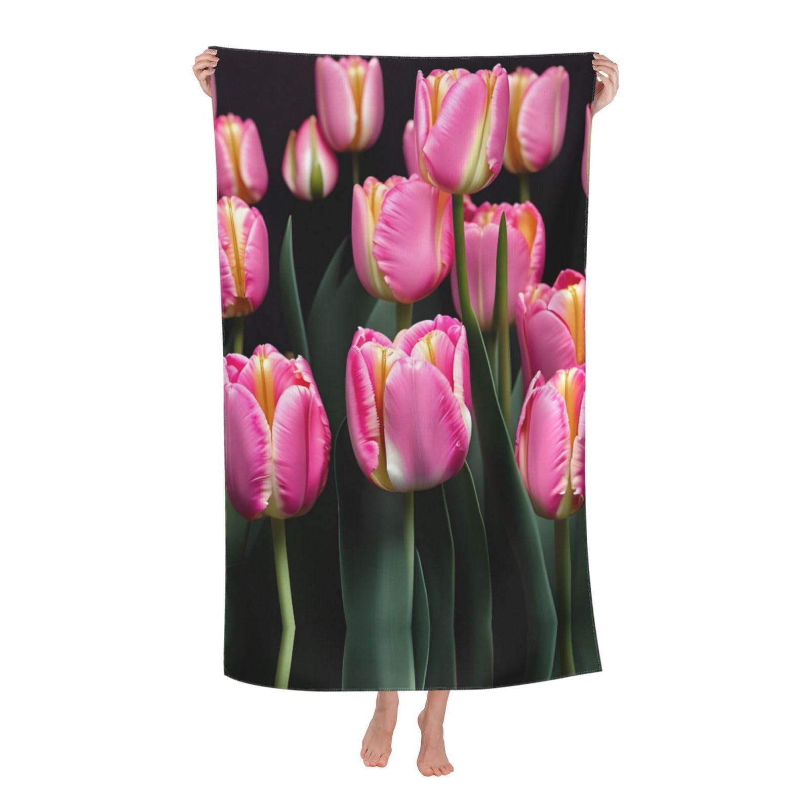 NImongt Pink And Tulips Print Print Oversized Adult Beach Towel For Travel Weekend Getaways Festivals Camping Trips
