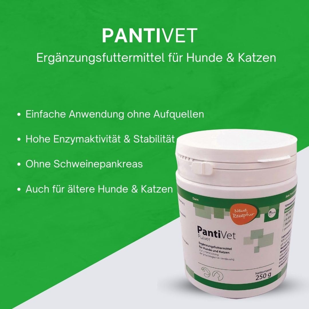 PantiVet Pulver für Hunde und Katzen – Kann zur Verdauungshilfe & Magen-Darm-Stabilisierung bei Hund und Katze beitragen, Ergänzungsfuttermittel mit Flohsamenschalen, Ananas & Banane, 500g