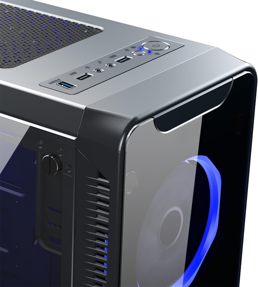 Close-up of the top I/O panel with USB 2.0, USB 3.0, and audio ports