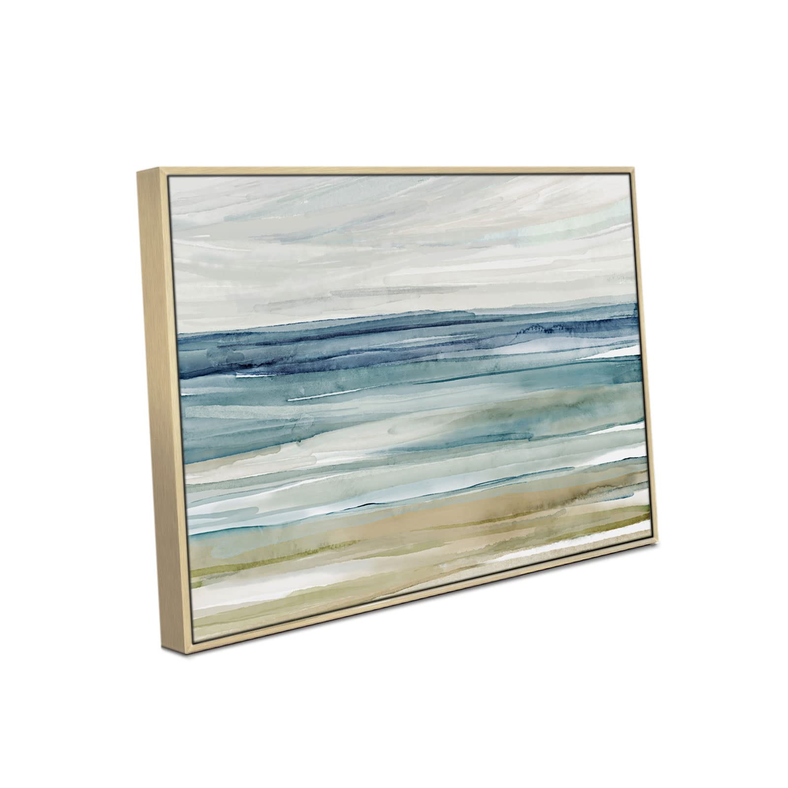 Photo 1 of Abstract Seascape Canvas Wall Art - Framed Watercolor Block Array Abstract Oecan Scenery Painting for Living Room Decoration Blue&Yellow 1 32Wx24L Framed