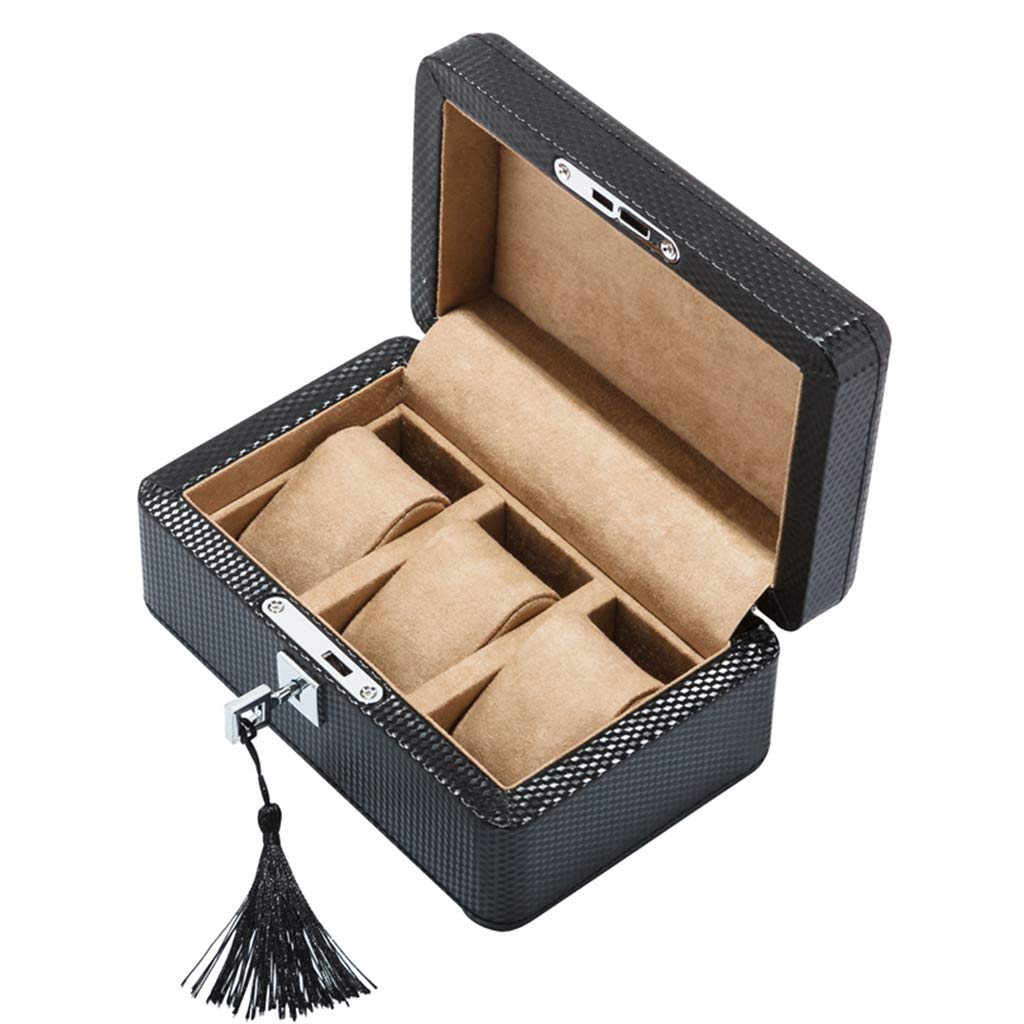ANVLOJRIH 3 Watch Jewellery Display Storage Box Case Carbon Fiber Bracelet Tray with 3 Removal Storage Pillows and Lockable Metal Lock