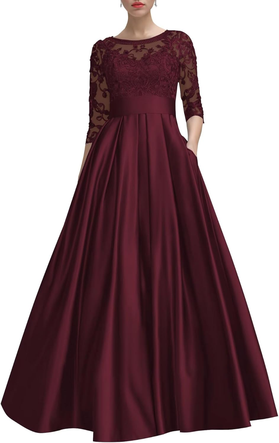 Lace Applique Mother of The Bride Dresses with Pockets A-Line Long Satin 3/4 Sleeve Wedding Guest Gowns