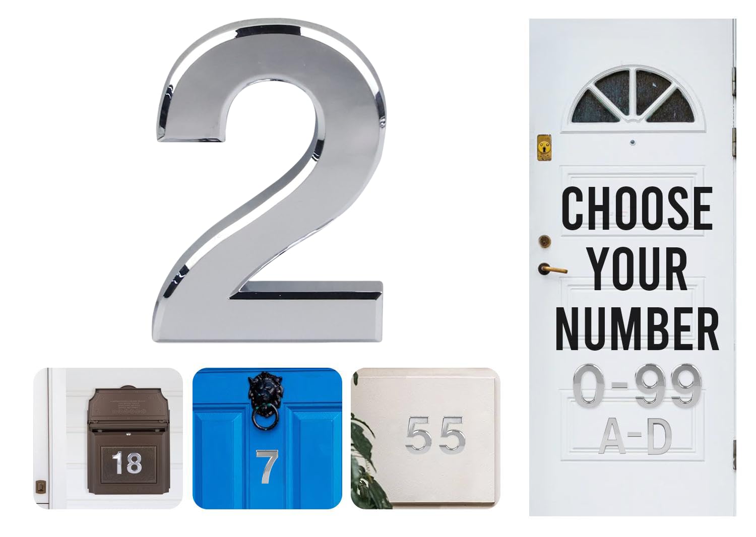Silver Door Numbers Stick On, 0-99, Letters A, B, C, D, 3'' House Numbers Self Adhesive Stickers, For Doors, Mail Boxes, Hotel Rooms (2)