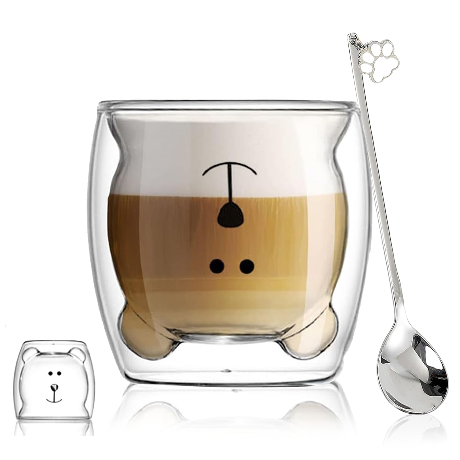 Cute Mugs Double Wall Glass Coffee Glass Cup Kawaii Bear Tea Milk Cup Funny Mug Animal Mug Aesthetic Cup for Office and Personal Birthday Gift (Happy bear)
