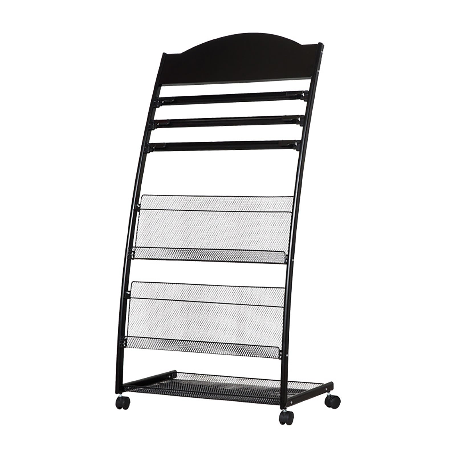 Js Space Black Heavy Duty Iron Floor Magazine Rack With 360° Rotating Wheels, Freestanding Organizer For Magazines, Brochures, Newspapers & Books, For Exhibition Spaces