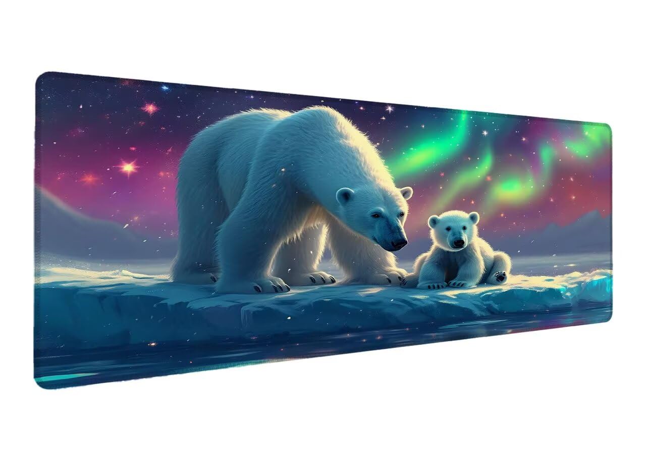 Podkładka pod mysz XXL 1200 x 600 x 3 mm, podkładka pod mysz dla graczy biały niedźwiedź, duża podkładka pod biurko, antypoślizgowa gumowa podstawa, szyte krawędzie, zmywalna podkładka pod mysz zorza