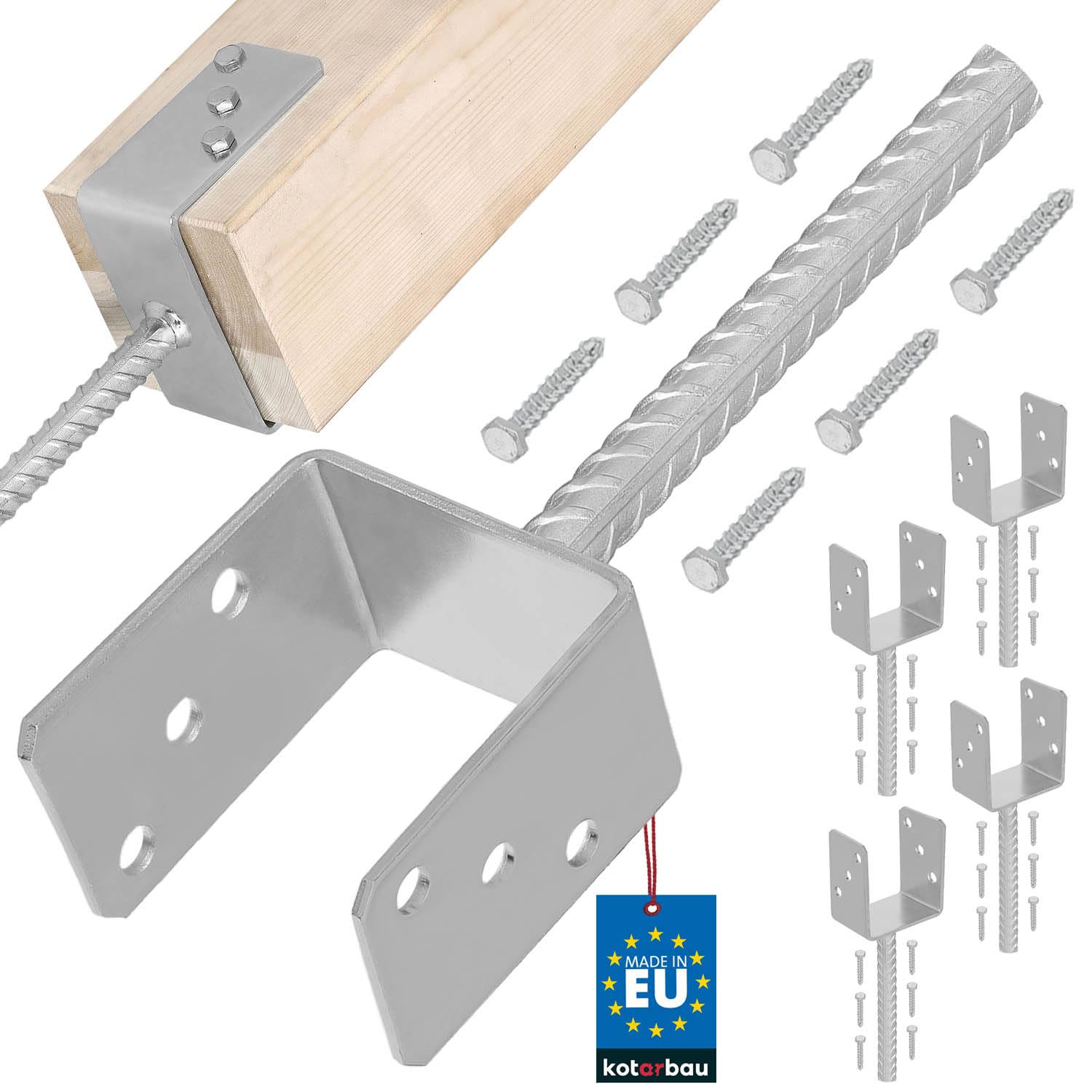 Kotarbau Clear Width 101 Mm Kotarbau® 4 Pcs U Post Base - For Concrete - Galvanised Steel - 101 Mm (3.98 Inches) - Silver - Fence Post Support - Pillar Support