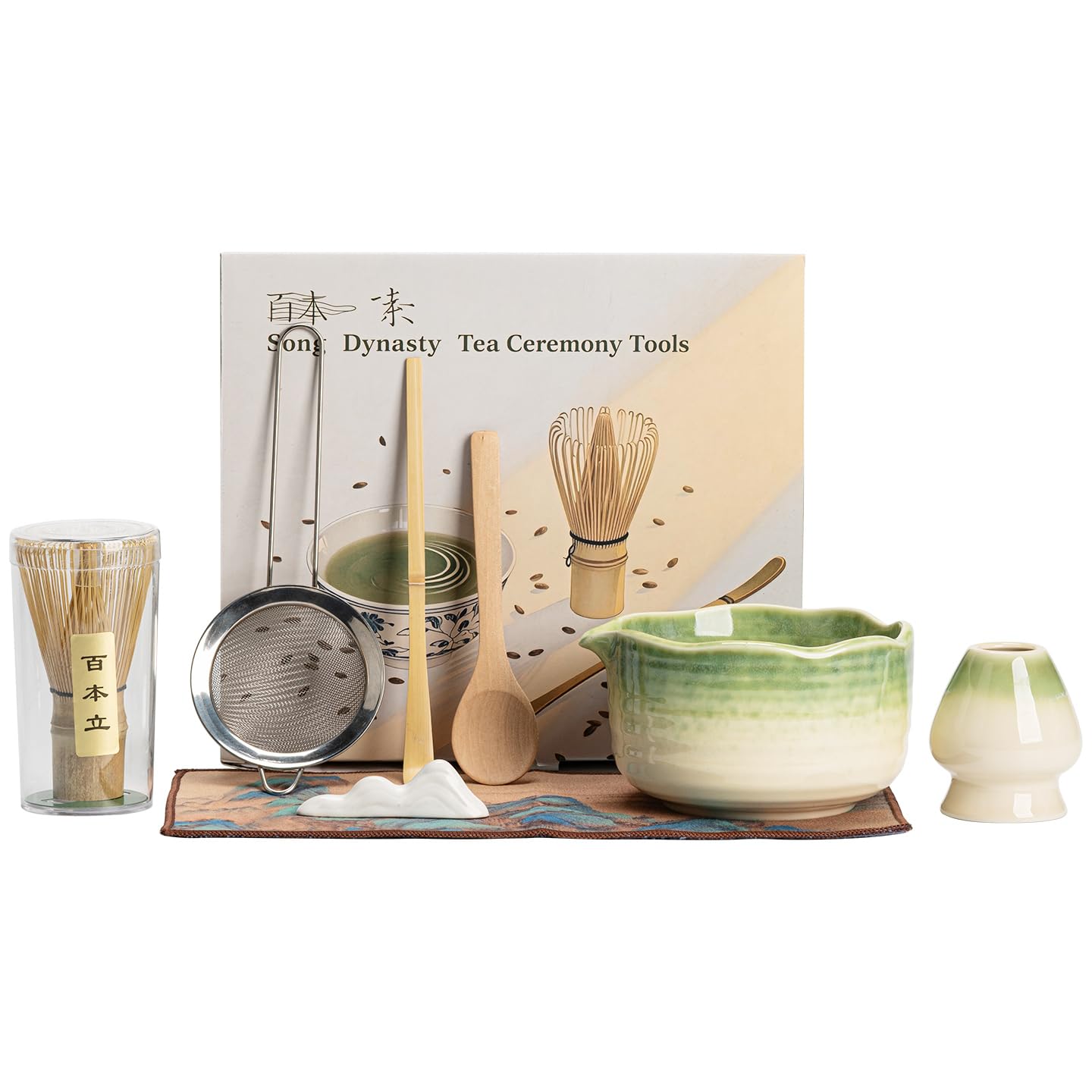 HIBINO Japanse Matcha Set - Matcha Bowl met tuit, Matcha Garde en Houder, Bamboe Matcha Schep en RVS Zeef - 5 stuks - Traditionele Matcha Kit - Ontworpen in Japan -Rustiek Beige